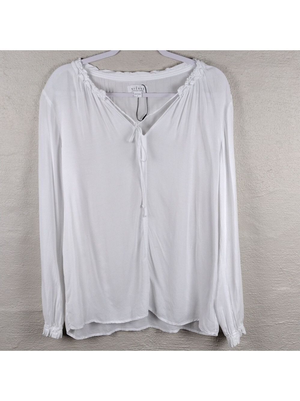 Velvet By Graham & Spencer White Ruffle Tie V-Neck Long Sleeve Sheer Peasant Top - Picture 14 of 14